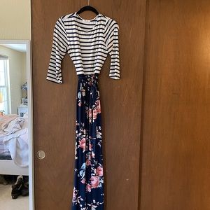 Stripe and floral maxi dress w/ pockets and tie
